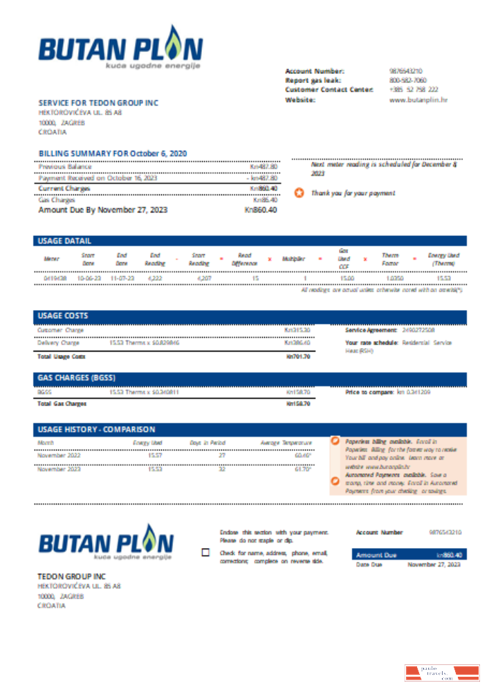 BUTAN PLIN d.o.o. gas utility business bill,  SCR PSD template